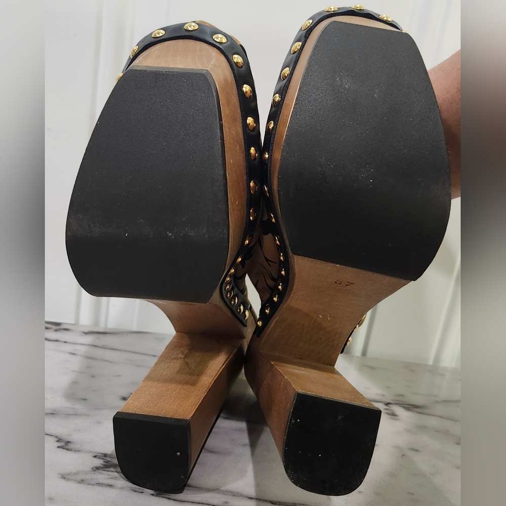Miu Miu Gold Satin Black Swallow Birds Wooden Mules Clogs Women's Size 37/6.5 - Picture 8 of 9
